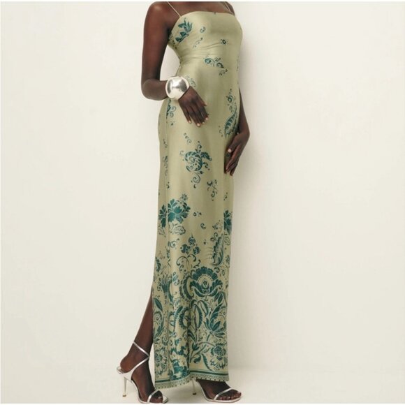 NWT Reformation Frankie 100% Silk Slip Dress in Sage Border - Picture 2 of 11